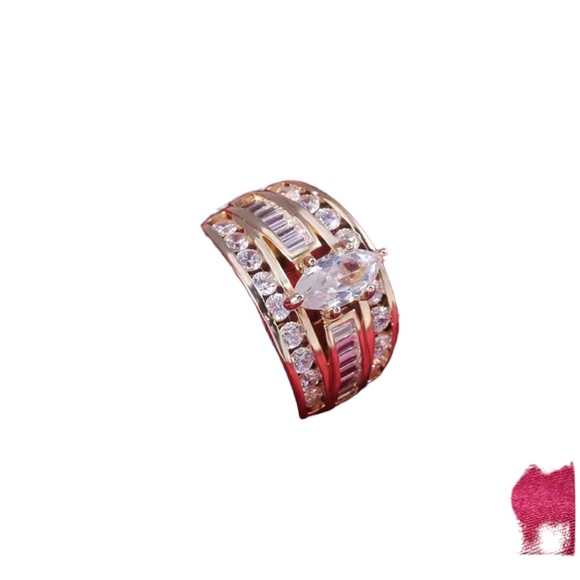 Gold Triple Row Zircon Marquis Solitaire Ring - Picture 6 of 8